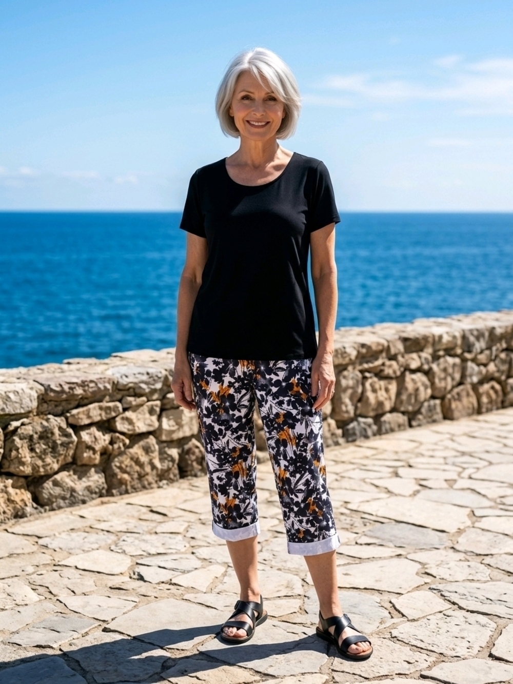 Black Short Sleeve Top with Floral Capri Pants